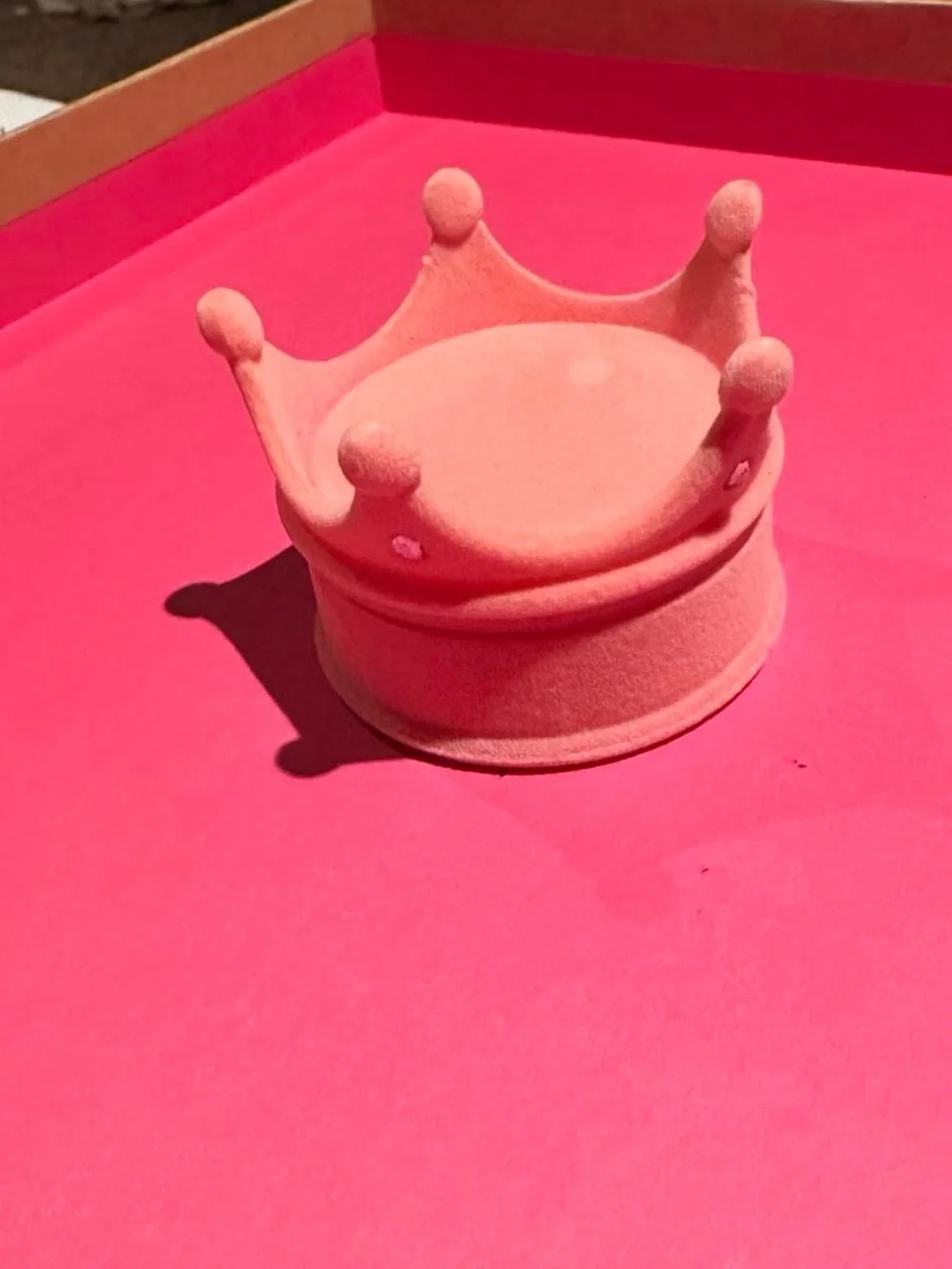 Velvet pink rhinestone crown jewelry ring box.